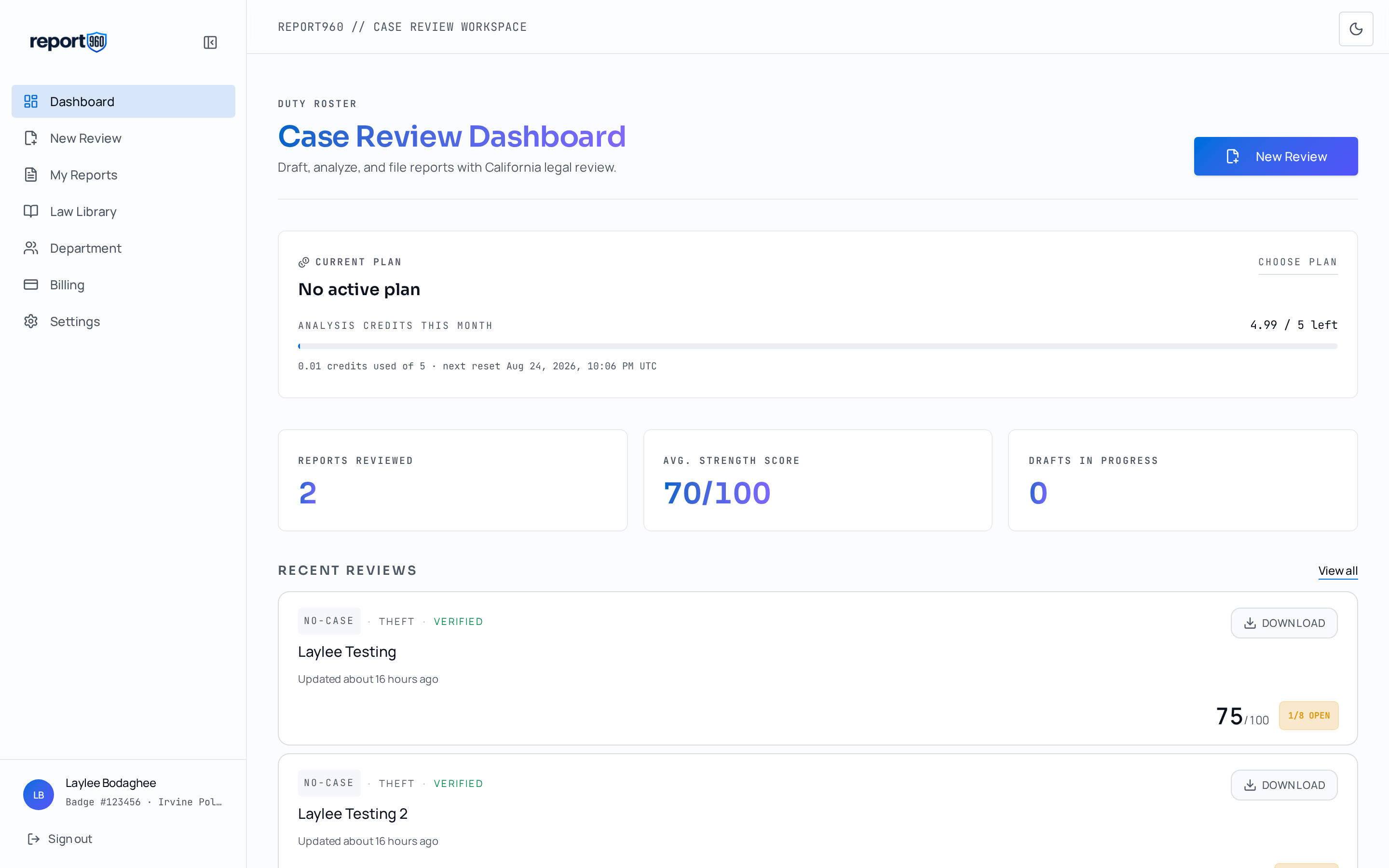 Report960 dashboard reviewing a California police report